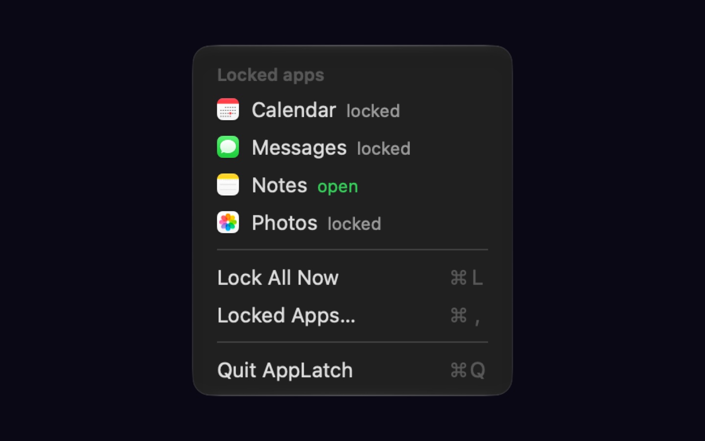 AppLatch's menu bar menu listing locked and open apps