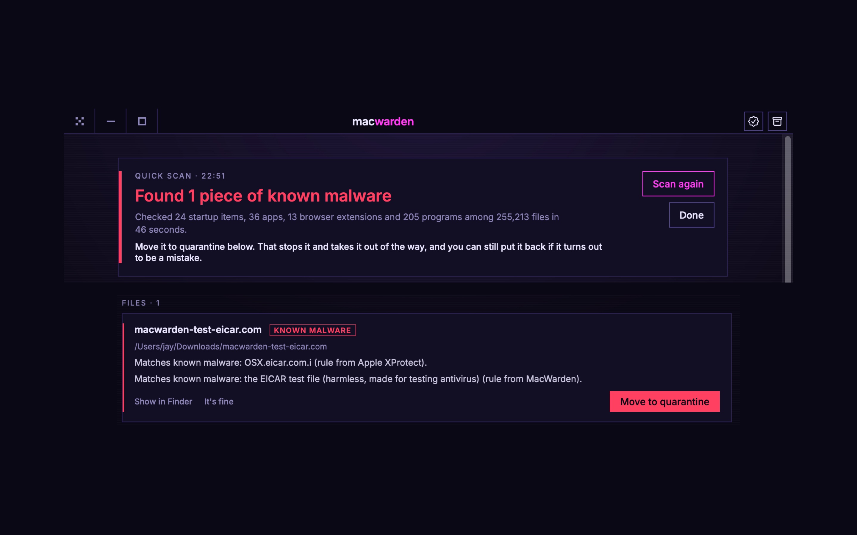 MacWarden reporting the EICAR test file as known malware